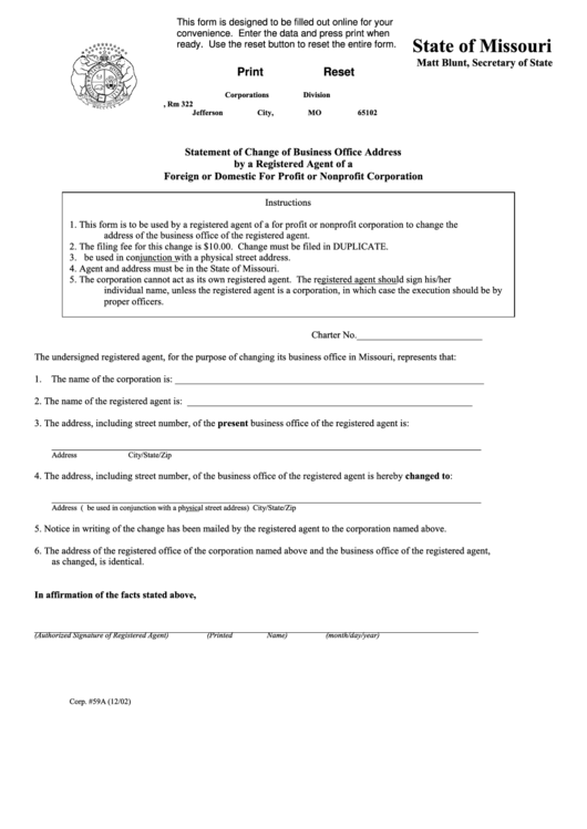 Fillable Form Corp. 59a - Statement Of Change Of Business Office Address By A Registered Agent Of A Foreign Or Domestic For Profit Or Nonprofit Corporation Printable pdf