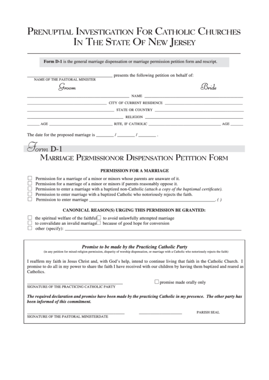Form D-1 - Marriage Permission Or Dispensation Petition Form - New Jersey Printable pdf