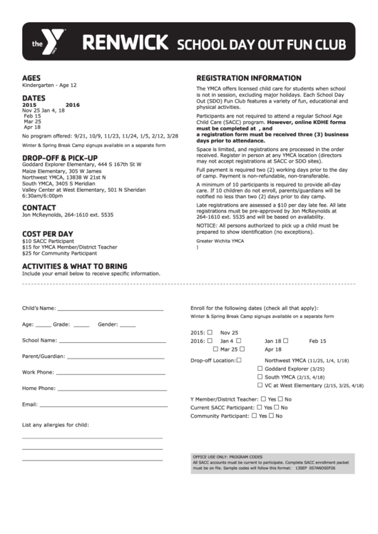 Ymca Renwick School Day Out Fun Club Registration Form Printable pdf