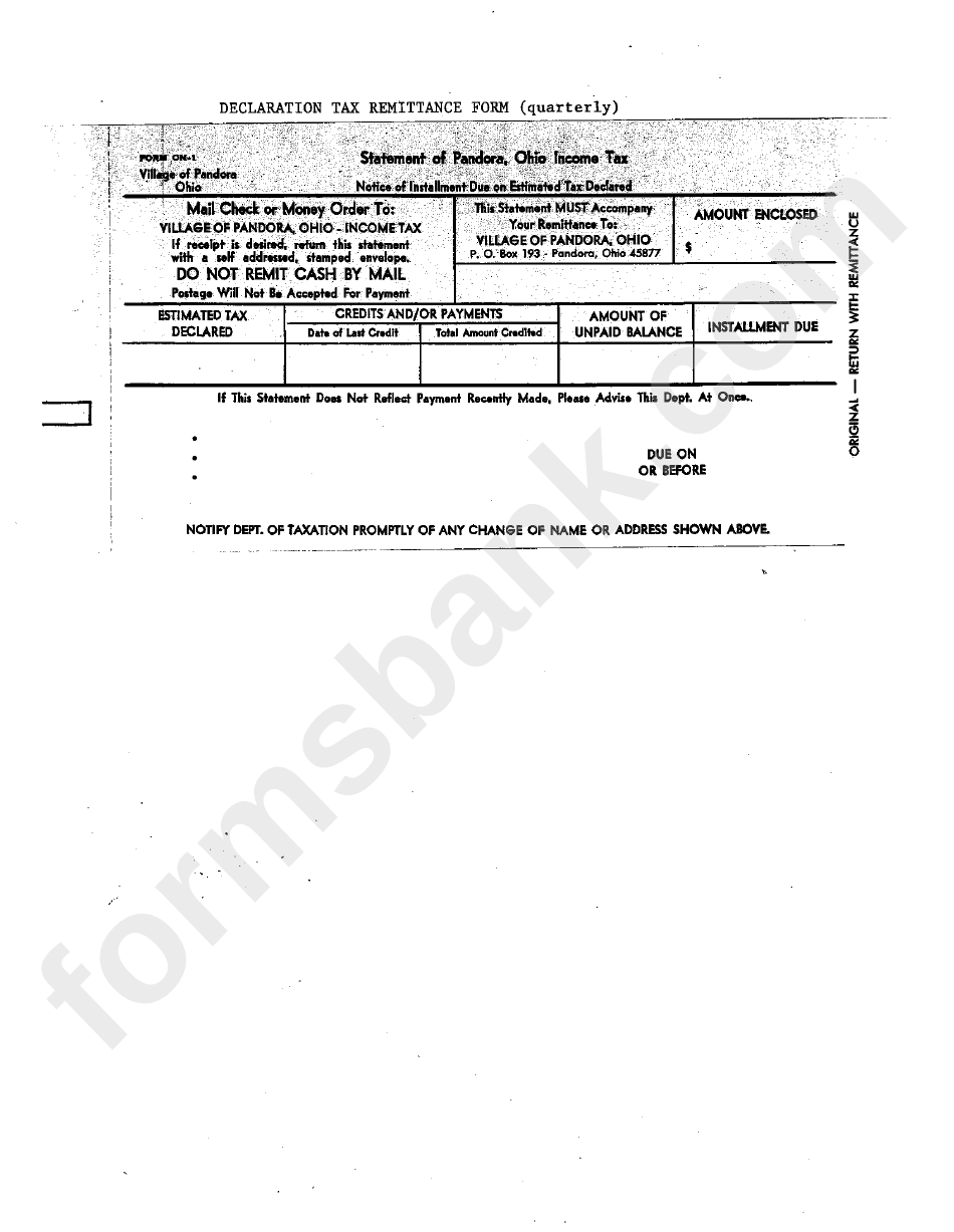 Form On-1 - Notice Of Installment Due On Estimated Tax Declared