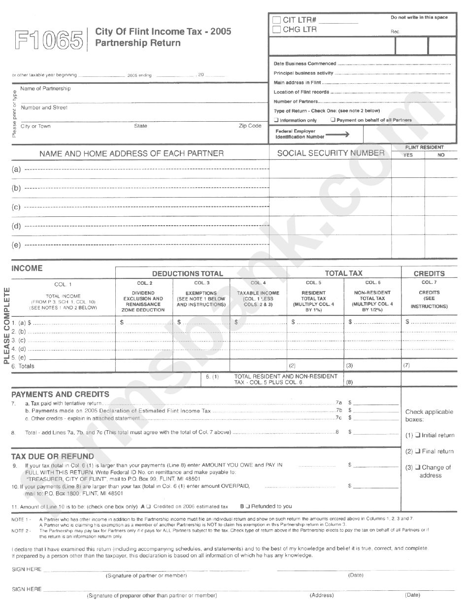 Form F1065 - City Of Flint Income Tax - Partnership Return - 2005