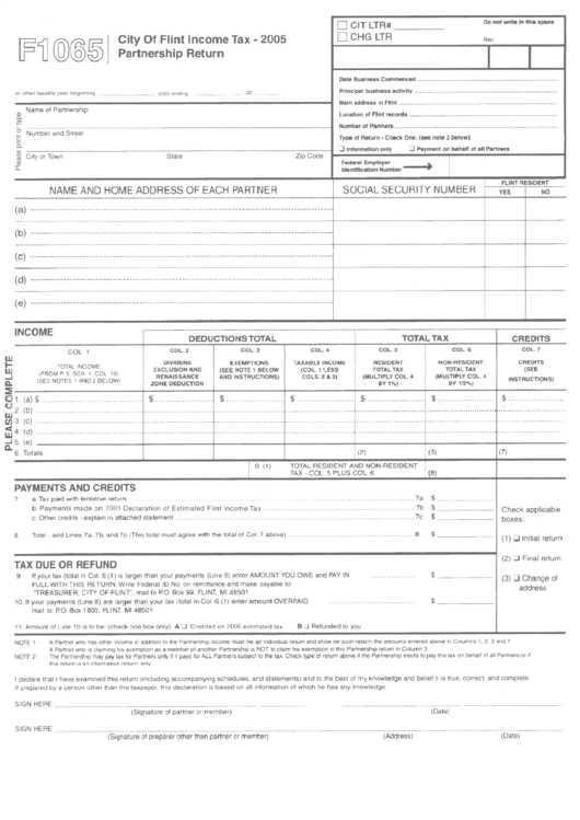 Form F1065 - City Of Flint Income Tax - Partnership Return - 2005 Printable pdf
