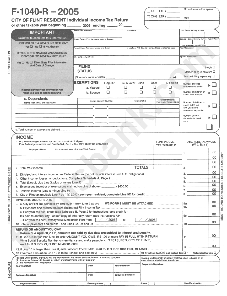 Form F-1040-R - City Of Flint Resident Individual Income Tax Return - 2005