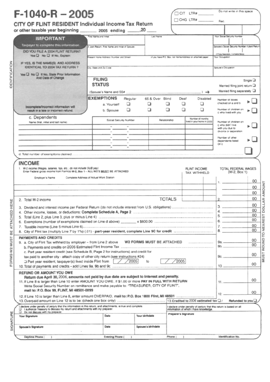 Form F-1040-R - City Of Flint Resident Individual Income Tax Return - 2005 Printable pdf