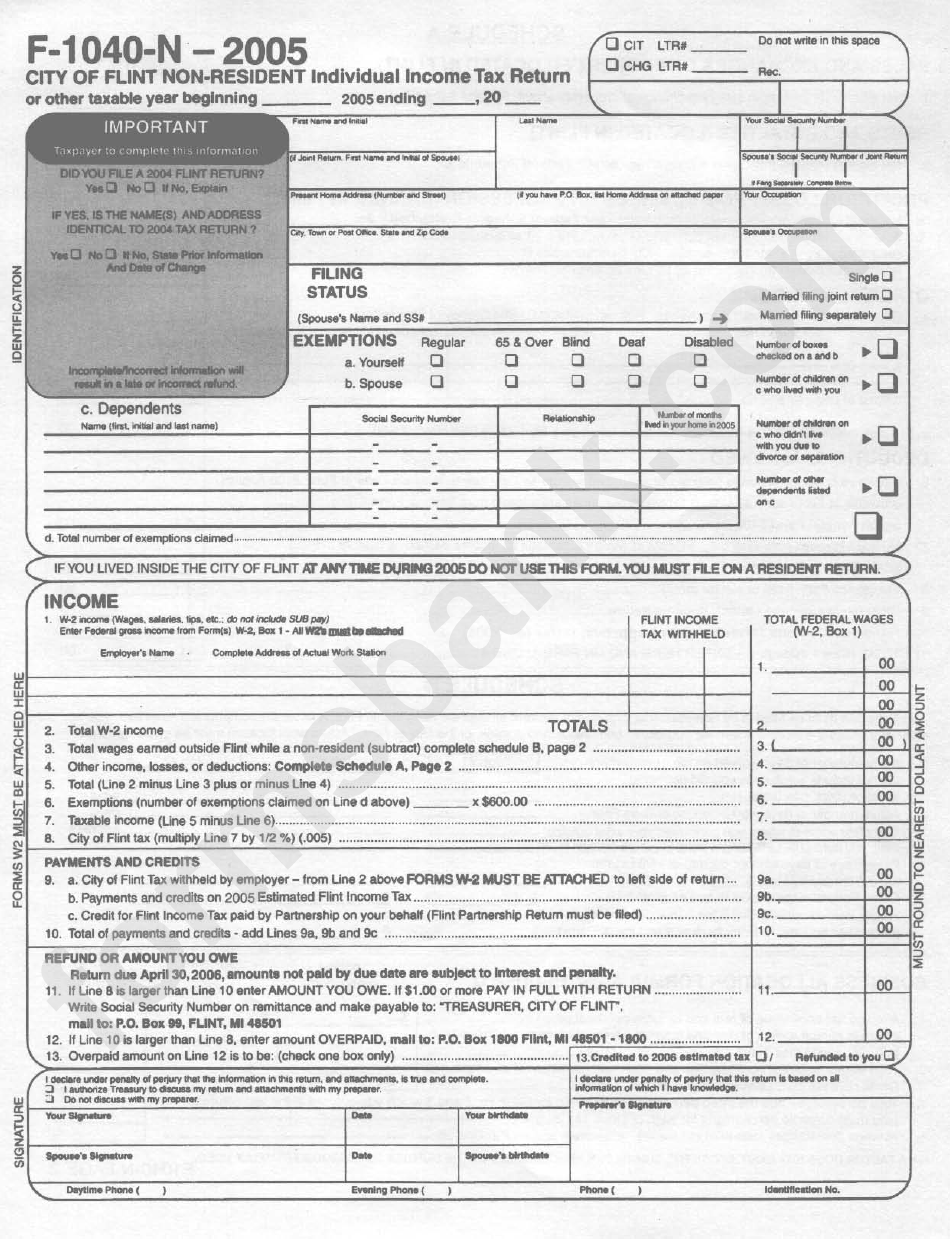 Form F-1040-N - City Of Flint Non-Resident Individual Income Tax Return - 2005