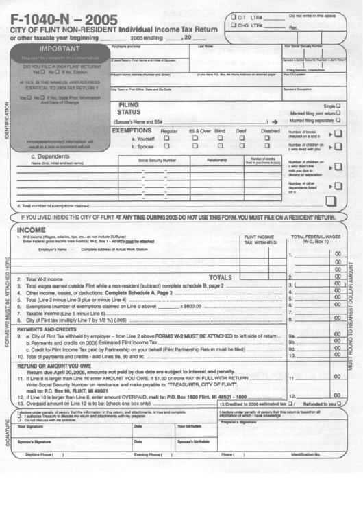 Form F-1040-N - City Of Flint Non-Resident Individual Income Tax Return - 2005 Printable pdf