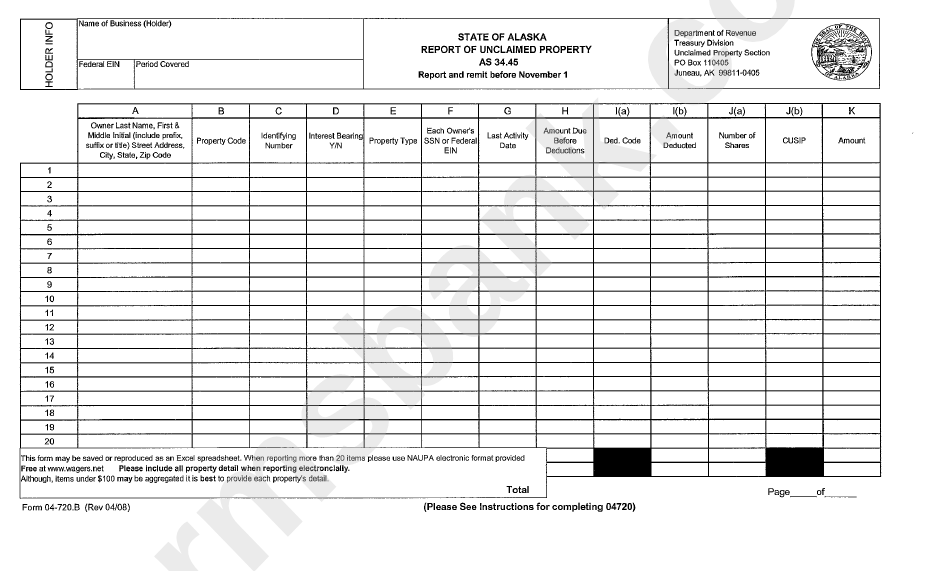 Form 04-720b - Report Of Unclaimed Property - 2008