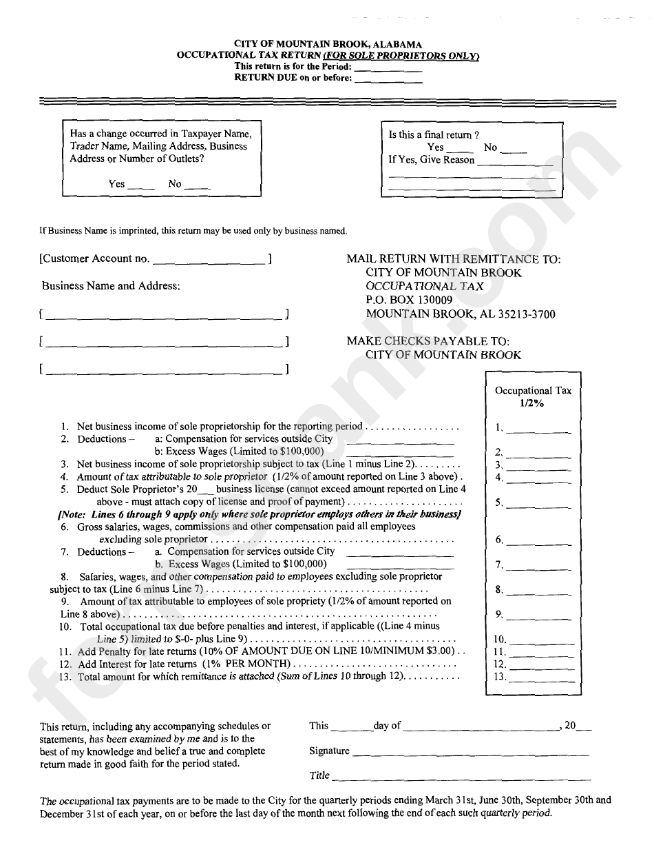 Occupational Tax Return - Form For Sole Proprietors Only