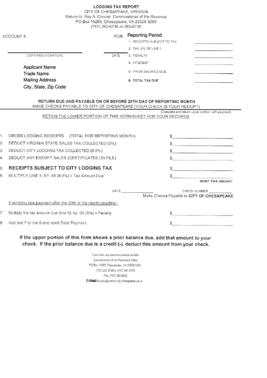 Fillable Lodging Tax Report Form Printable pdf