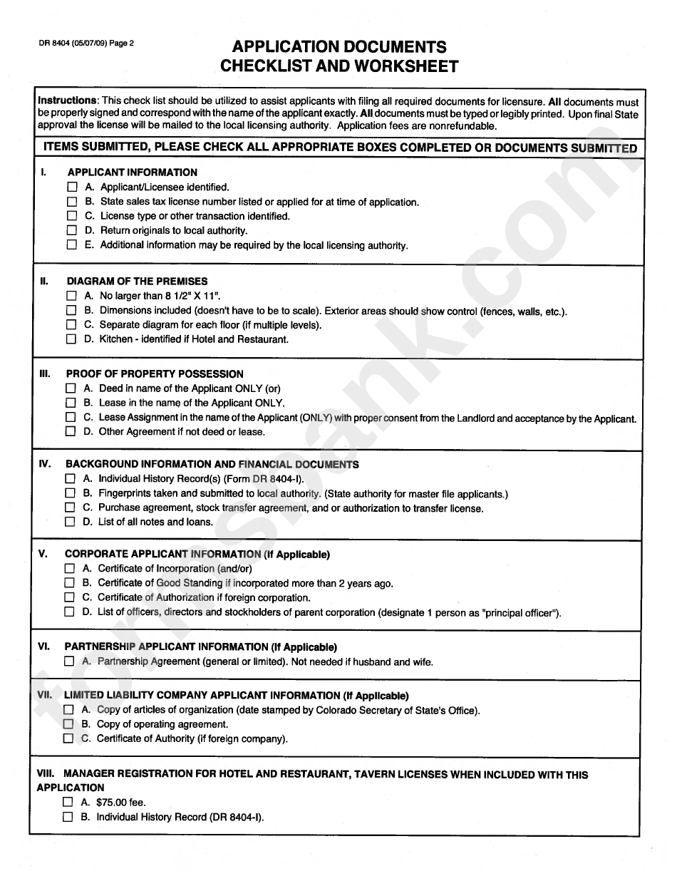 Form Dr 8404 - Colorado Liquor Retail License Application - 2009