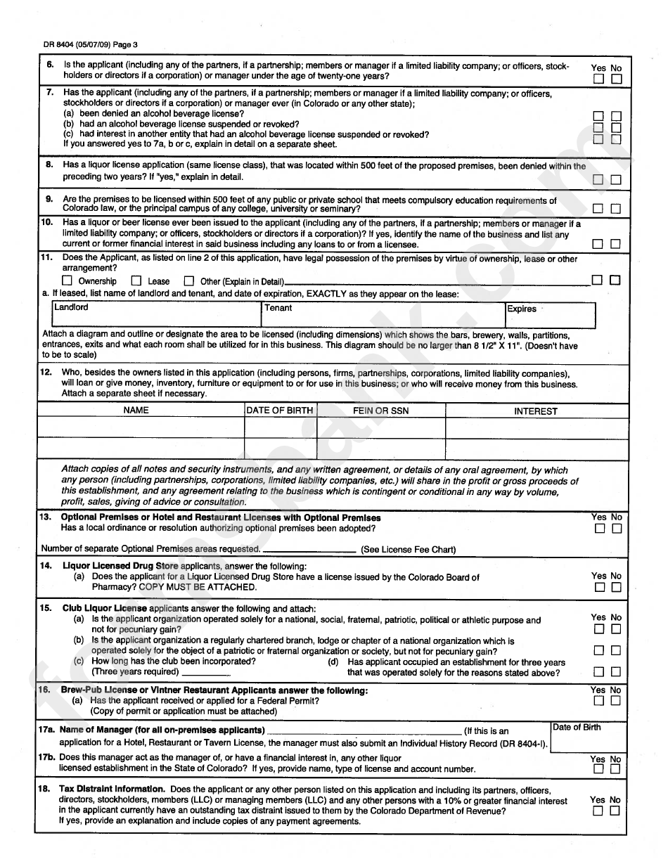 Form Dr 8404 - Colorado Liquor Retail License Application - 2009
