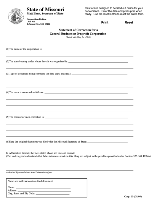 Fillable Form Corp. 60 - Statement Of Correction For A General Business Or Nonprofit Corporation Printable pdf