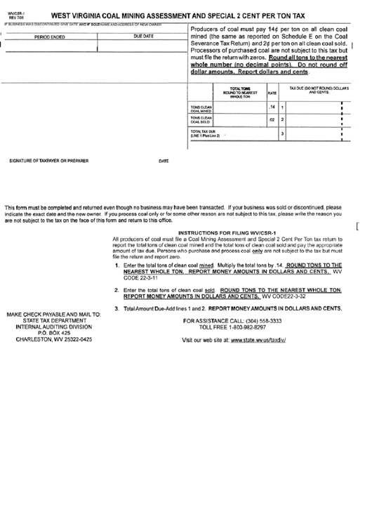 Form Wvjcsr-1 - West Virginia Coal Mining Assessment And Special 2 Cent Per Ton Tax - 2005 Printable pdf