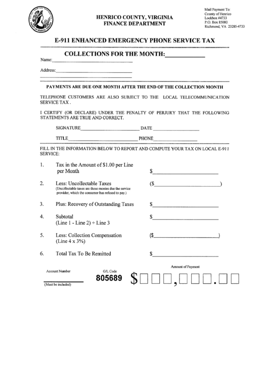 Form E-911 - Enhanced Emergency Phone Service Tax Printable pdf