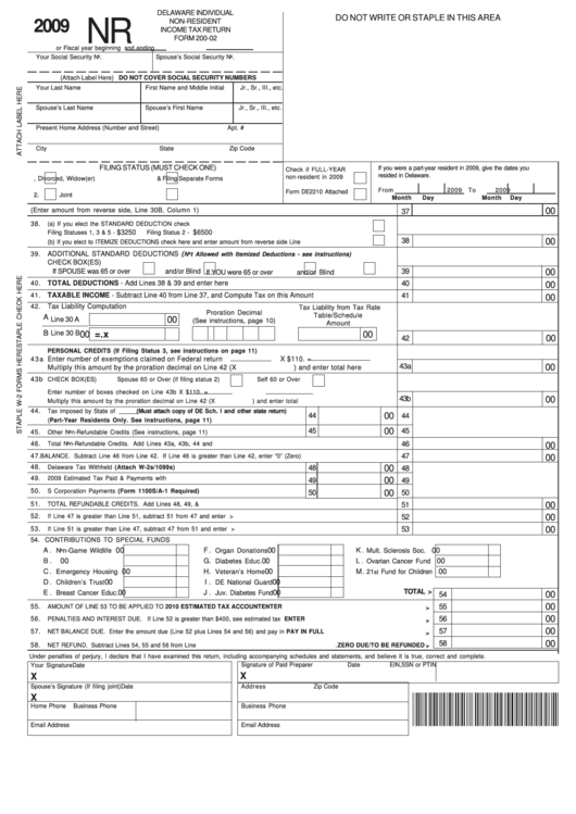 Fillable Form 200-02 - Delaware Individual Non-Resident Income Tax Return - 2009 Printable pdf