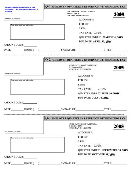 Fillable Form Q-1/2/3/4 - Employer Quarterly Return Of Withholding Tax - 2005 Printable pdf