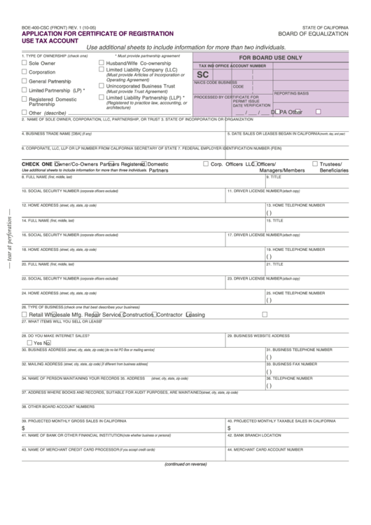 Fillable Form Boe-400-Csc - Application For Certificate Of Registration Use Tax Account Printable pdf