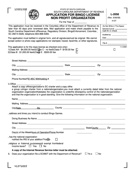 Form L-2058 - Application For Bingo License Non Profit Organization - 2008 Printable pdf