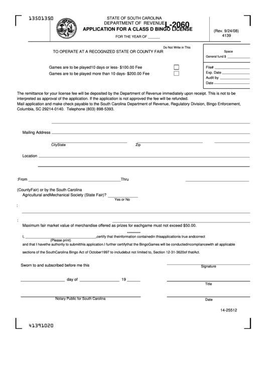 Form L-2060 - Application For A Class D Bingo License - 2008 Printable pdf