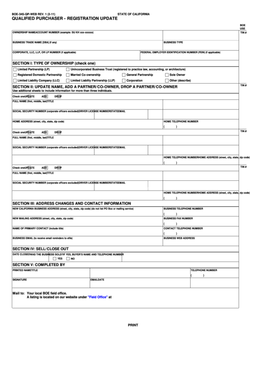 Fillable Form Boe-345-Qp-Web - Qualified Purchaser - Registration Update - 2011 Printable pdf