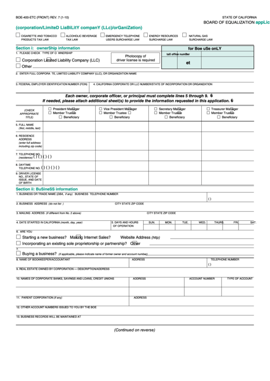 Fillable Form Boe-400-Etc - Application For Registration - Excise Taxes - 2010 Printable pdf