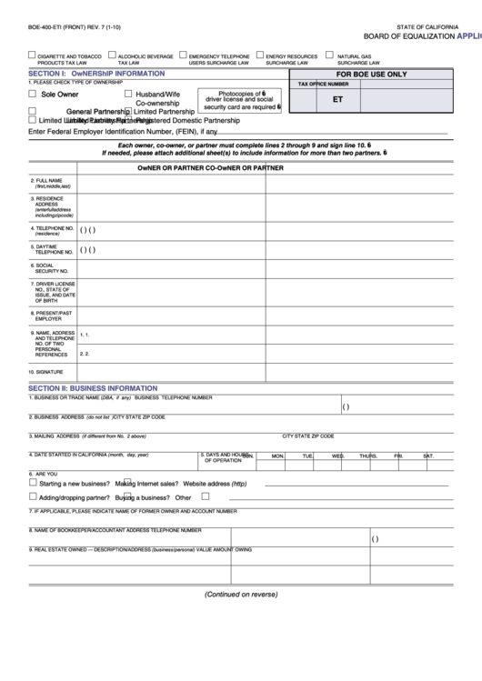 Fillable Form Boe400Eti Application For Registration Excise Taxes