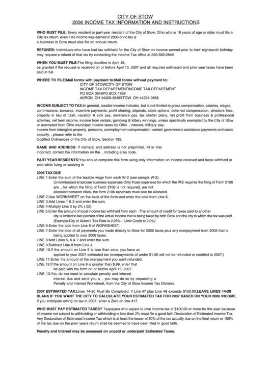 City Of Stow Tax Information And Instructions 2006 printable