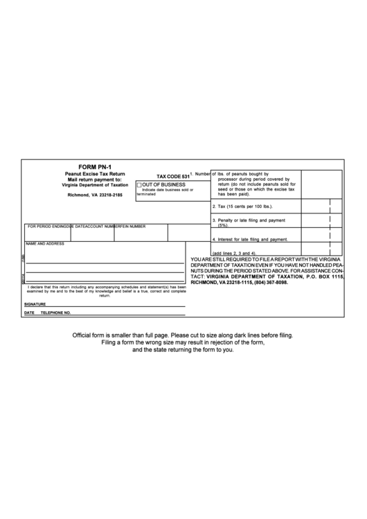 Form Pn-1 - Peanut Excise Tax Return Printable pdf