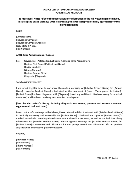 Sample Letter Template Of Medical Necessity For Astellas Products Printable pdf