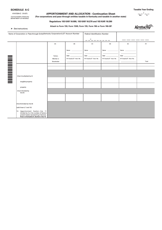 Form 41a720a-C - Apportionment And Allocation - Continuation Sheet - 2007 Printable pdf