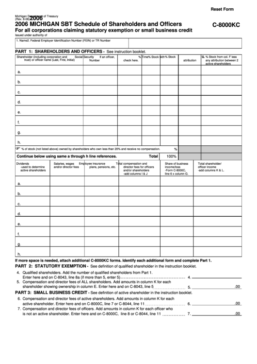 Fillable Form C-8000kc - Michigan Sbt Schedule Of Shareholders And Officers - 2006 Printable pdf