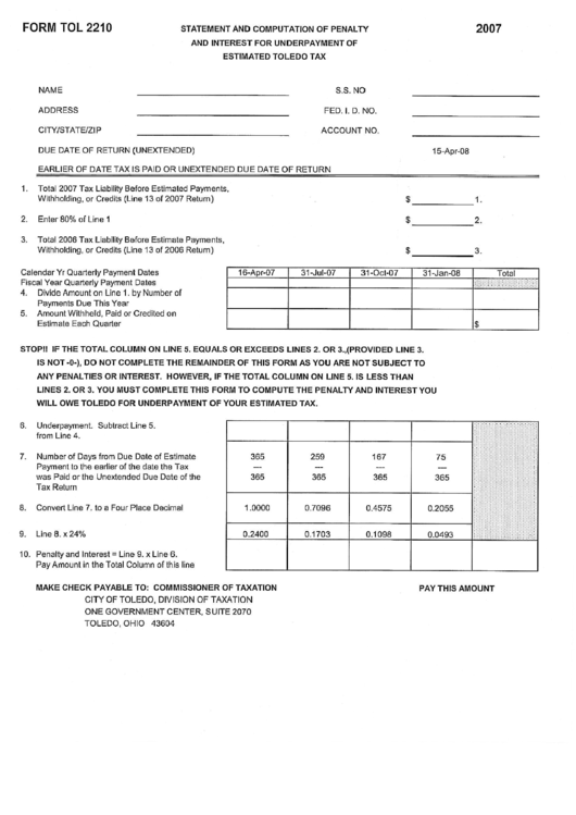 Form Tol 2210 - Statement And Computation Of Penalty And Interest For Underpayment Of Estimated Toledo Tax - 2007 Printable pdf