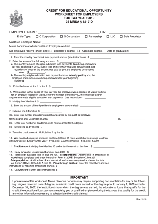 Credit For Educational Opportunity Worksheet For Employers For Tax Year 2010 Printable pdf