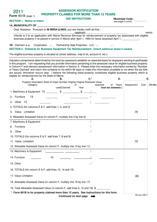 Form 801b - Assessor Notification Property Claimed For More Than 12 Years - 2011 Printable pdf