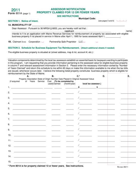 Form 801a - Assessors Notification Property Clamed For 12 Or Fewer Years - 2011 Printable pdf