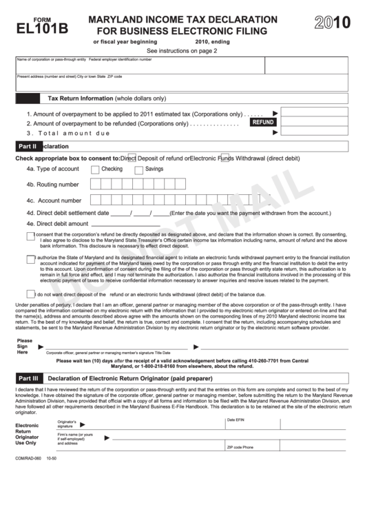Fillable Form El101b - Maryland Income Tax Declaration For Business Electronic Filing - 2010 Printable pdf