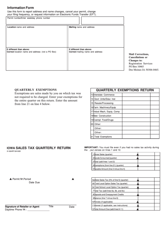 Form 31-004 Rf13a - Iowa Sales Tax Quarterly Return - 2002 Printable pdf