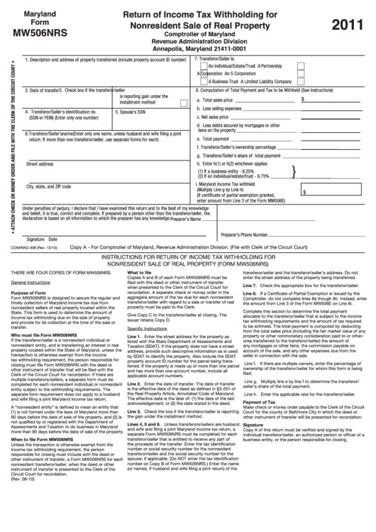 Fillable Form Mw506nrs - Return Of Income Tax Withholding For Nonresident Sale Of Real Property - 2011 Printable pdf