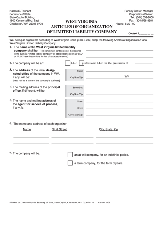 Fillable Form Lld-1 - West Virginia Articles Of Organization Of Limited Liability Company - 2009 Printable pdf