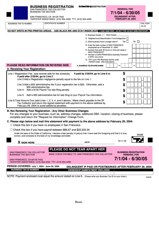 Fillable San Francisco Business Registration Form 2004 printable pdf