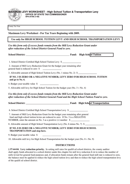 Fillable Form Sfn 24768 - Maximum Levy Worksheet - High School Tuition & Transportation Levy Printable pdf