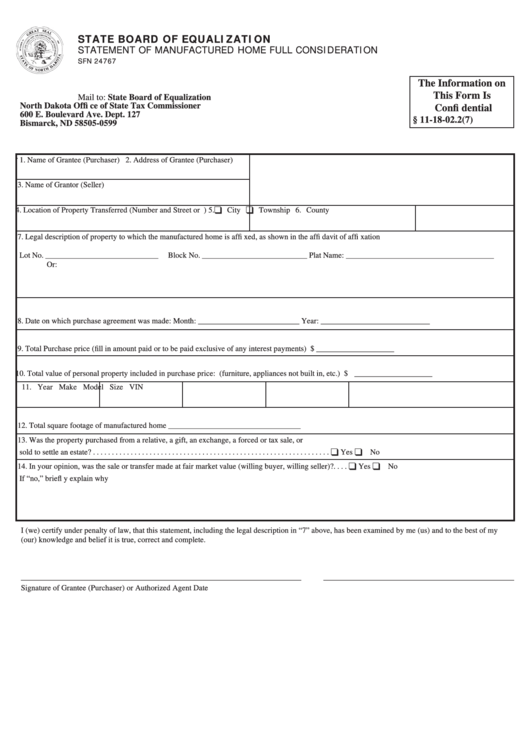 Fillable Form Sfn 24767 - Statement Of Manufactured Home Full Consideration Printable pdf