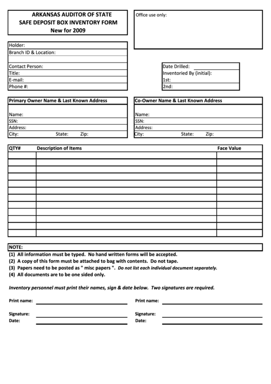 Fillable Safe Deposit Box Inventory Form - 2009 Printable pdf