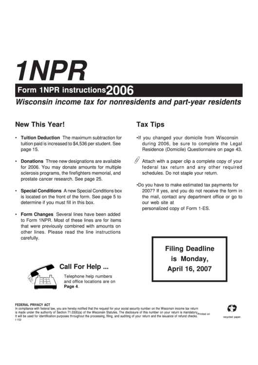 Form 1npr Instructions - 2006 - Wisconsin Income Tax For Nonresidents And Part-Year Residents Printable pdf