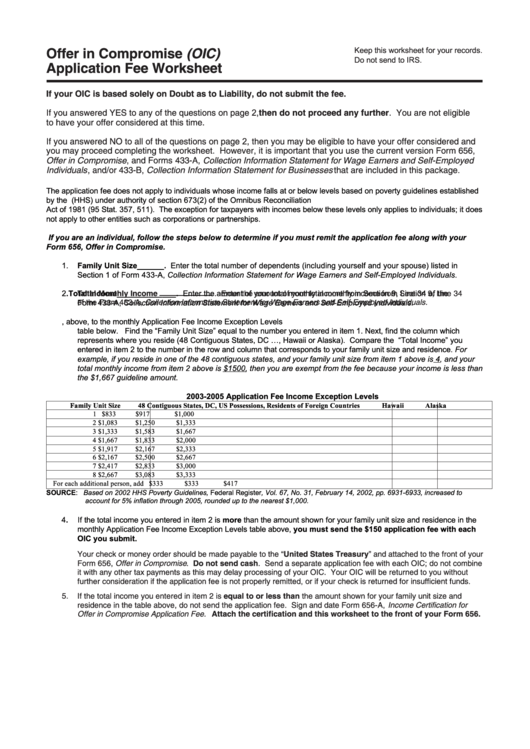 Fillable Form 656-A - Income Certification For Offer In Compromise Application Fee Printable pdf
