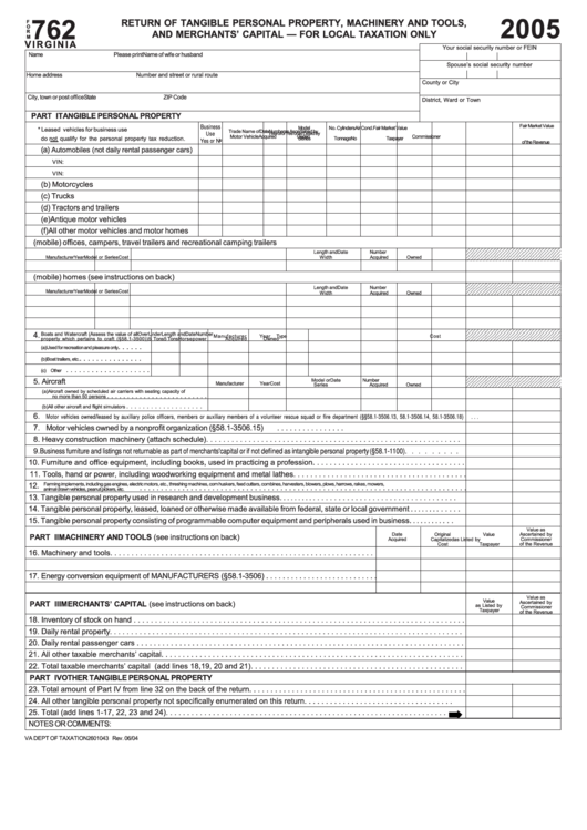 Virginia Form 762 - Return Of Tangible Personal Property, Machinery And Tools, And Merchants
