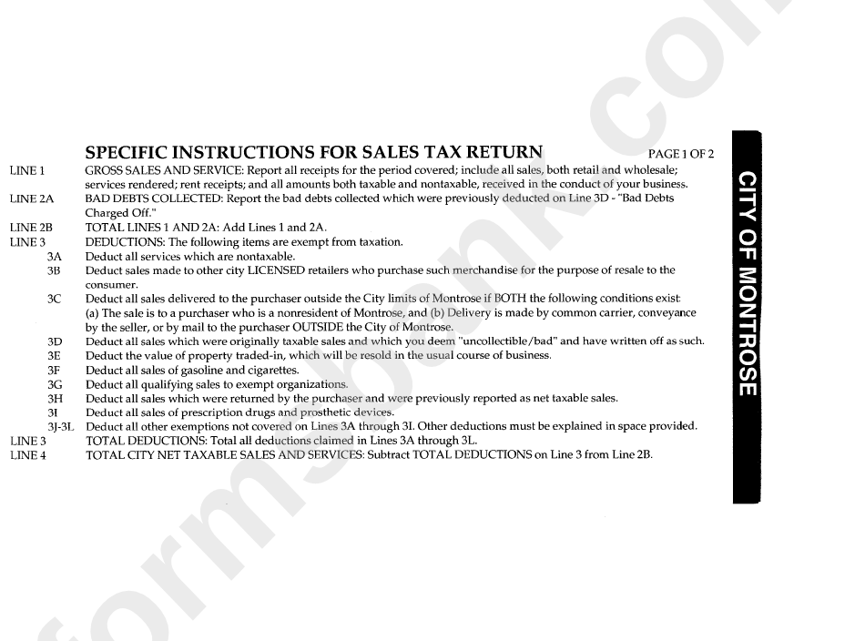 Instructions For Sales And Use Tax Returns - City Of Montrose