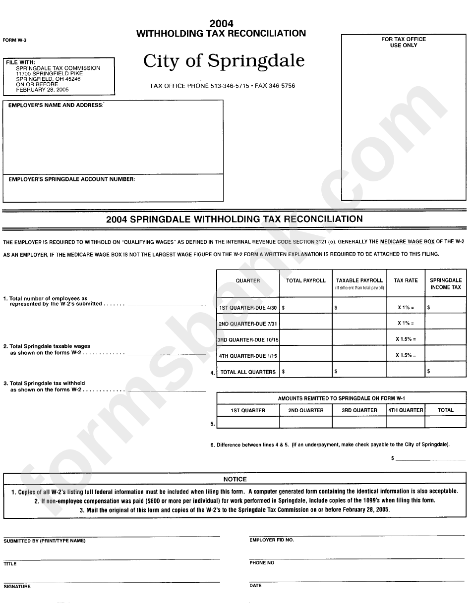 Form W-3 - Withholding Tax Reconciliation - City Of Springdale, 2004