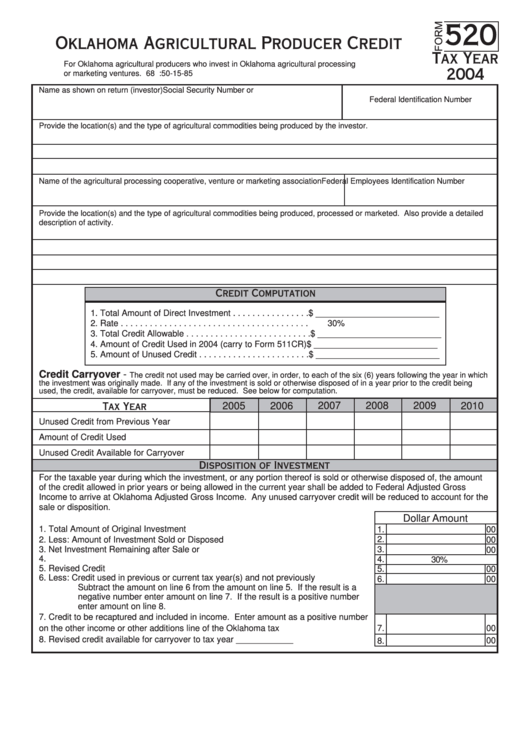 Form 520 - Oklahoma Agricultural Producer Credit - 2004 Printable pdf