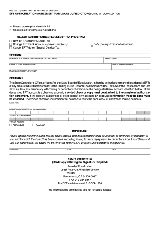 Fillable Form Boe-555-Lj - Eft Authorization Agreement For Local Jurisdictions Printable pdf